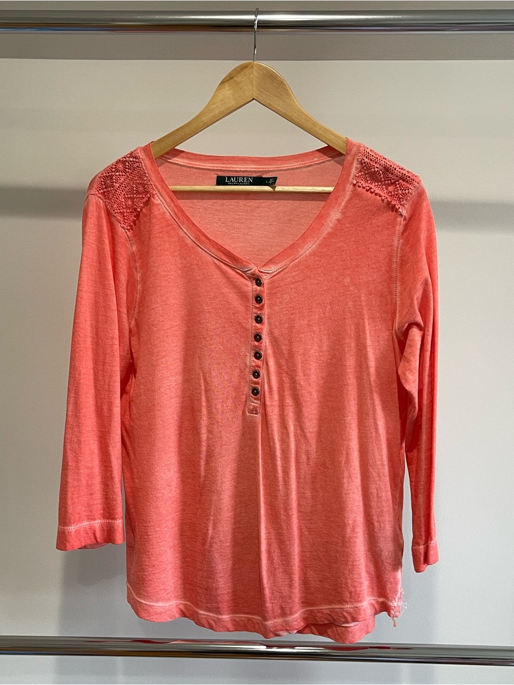 Ralph Lauren Coral Pink Henley with Lace-Trim Shoulders